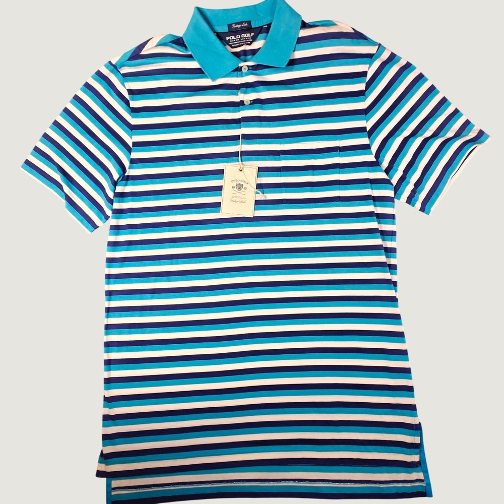 Polo Golf Ralph‎ Lauren Mens Vintage Lisle Pima Cotton Striped Polo Shirt Blue M